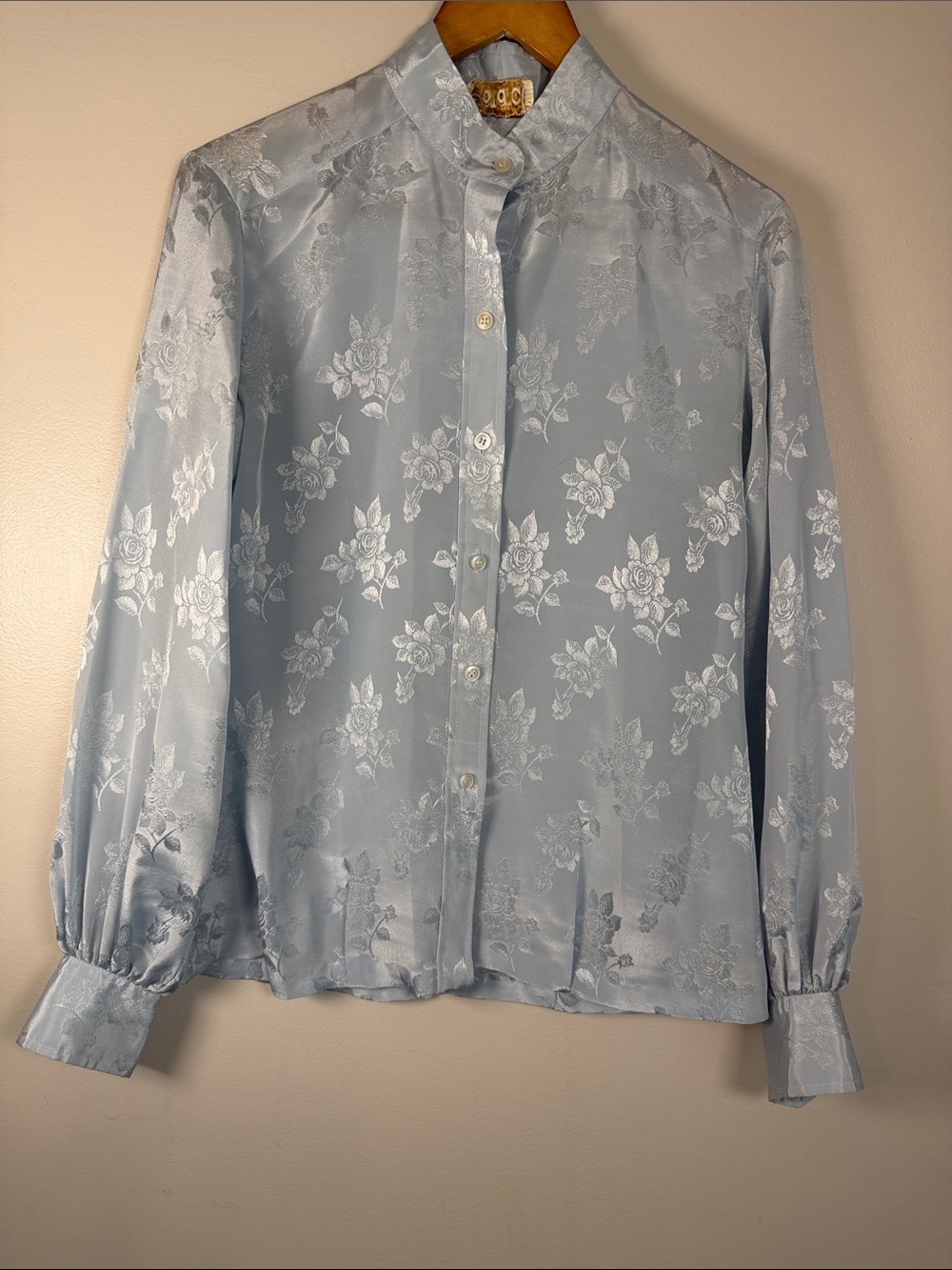 Vintage 80s Amanda Ice Blue Floral Jaquard Blouse, Medium